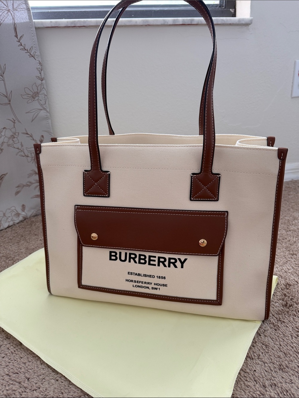 Burberry Cream Canvas Tote with Brown Leather Trim